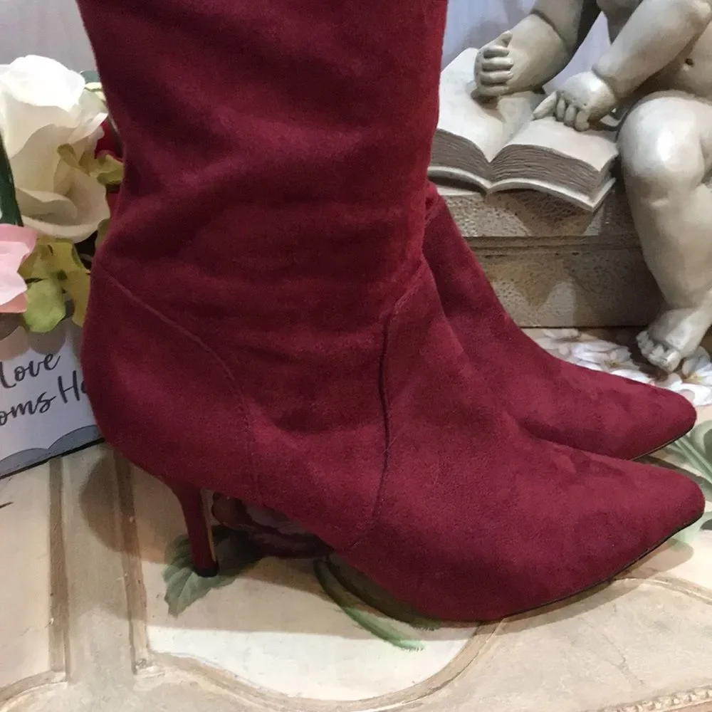 Eloquii Over the Knee Boots Burgandy Faux Suede Sz 7W